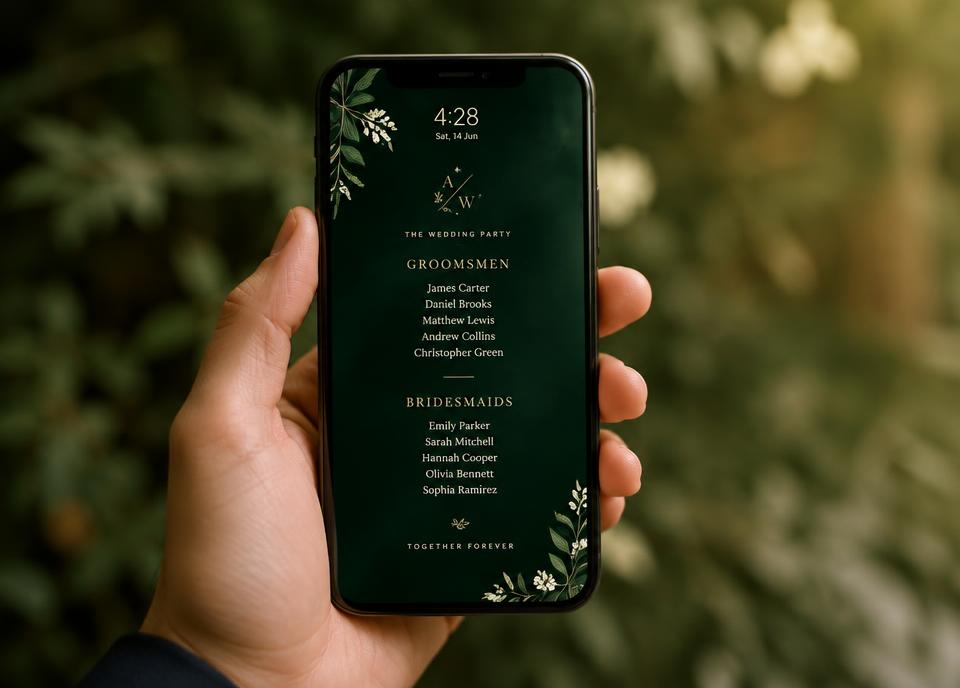 Mão segurando celular com a página de padrinhos e madrinhas