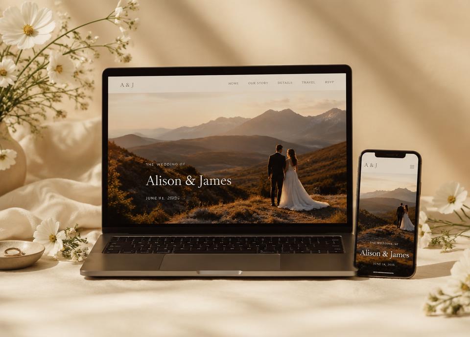 Notebook e celular exibindo o site de casamento de um casal